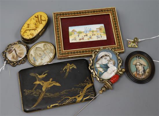 A 19th century hairwork memorial brooch in scrolled frame and sundry items,